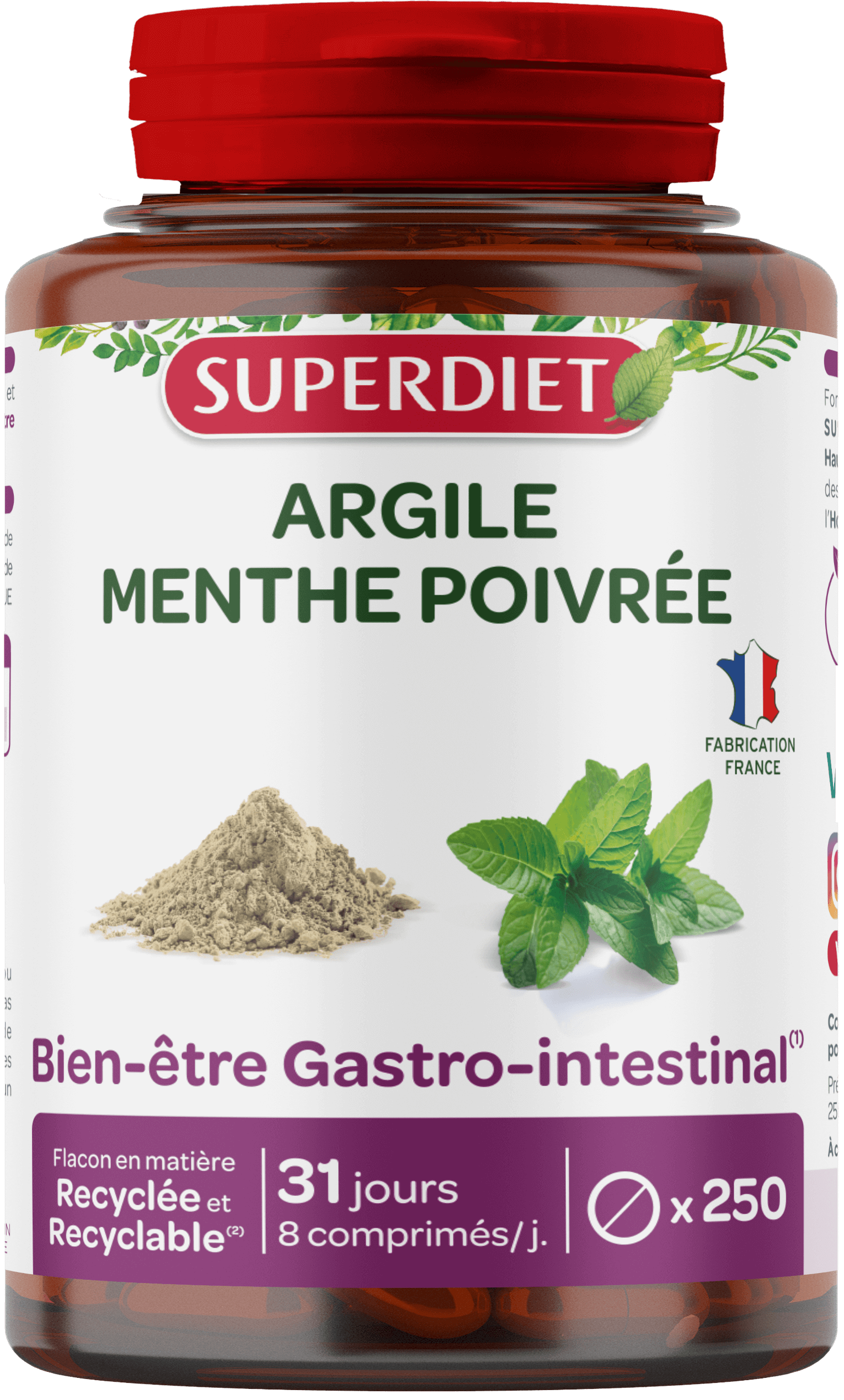Super Diet Argile verte montmorillonite - menthe poivree 250comp. PL 483/296